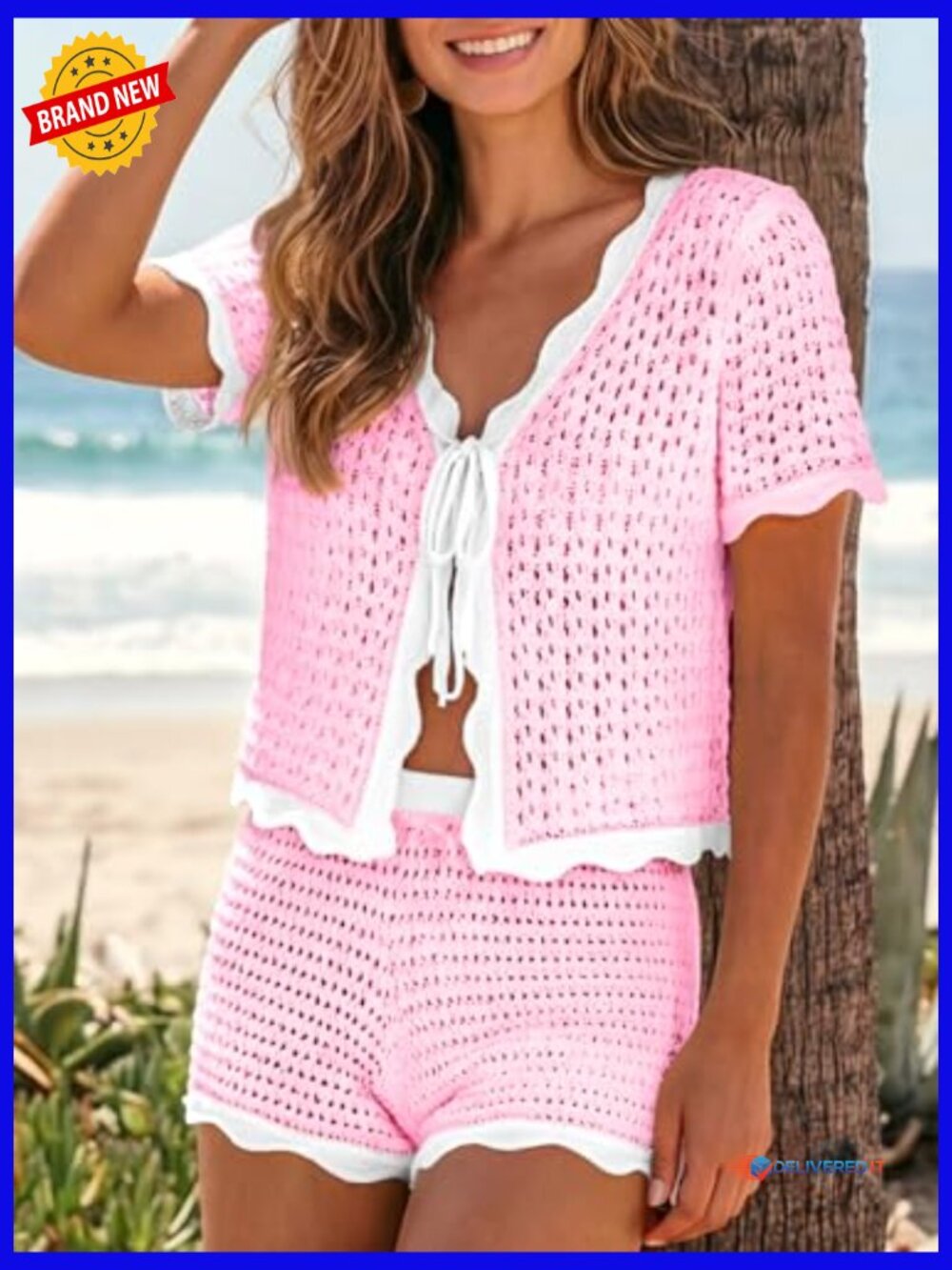 Crochet Cover Up 2 Piece Swimsuit Set Boho Beach Vacation Outfit - Picture 4 of 6